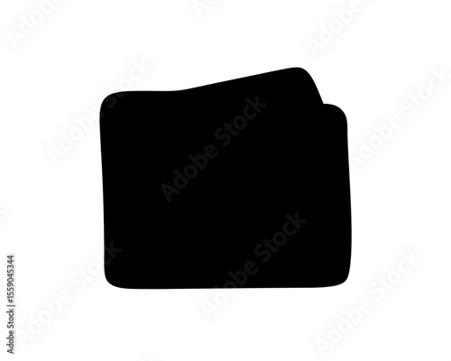 A black solid shape resembling a stylized folder or a flattened bag