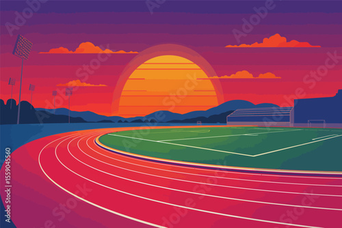 Sunset over running track and field stadium