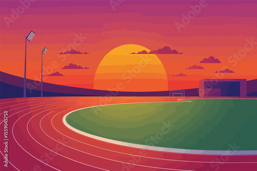 Sunset over running track and field stadium