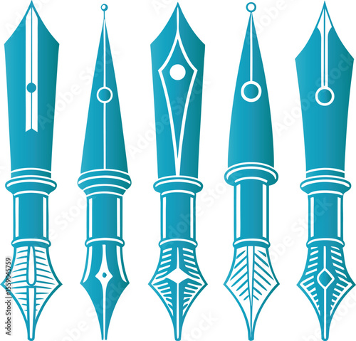 Five blue fountain pen nibs with white accents writing instruments calligraphy