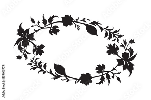 Elegant black silhouette floral oval frame with delicate leaves and flowers