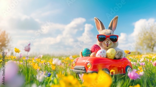Cute bunny in sunglasses driving a red toy car filled with Easter eggs in a colorful spring meadow.