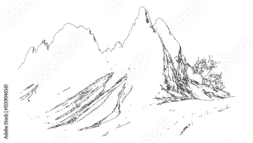 Hand Drawn Mountain Range Line Art - Nature Wilderness Peaks Outline Illustration vector