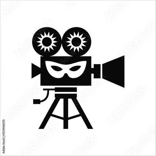 Vintage Film Camera Silhouette Vector – Classic Movie Reel Design on Tripod with Theater-Inspired Style in Black and White