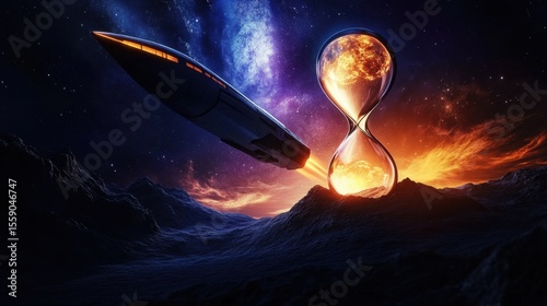 Time's Journey: A mesmerizing fusion of science fiction and cosmic wonder. A spacecraft and hourglass, symbolic of time and space, dance in the vibrant embrace of the cosmos.