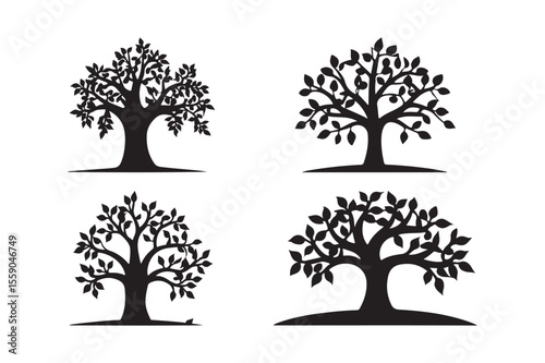 Stylized black silhouette trees with lush foliage on white background