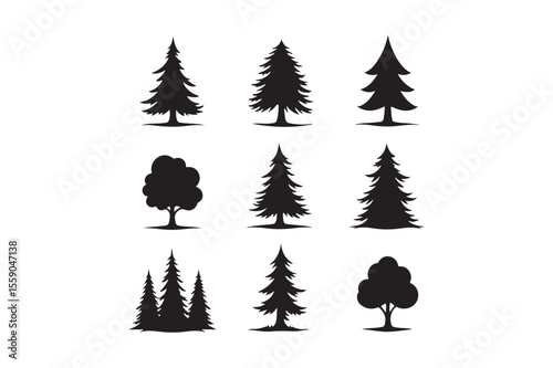 Collection of black silhouettes of various pine and deciduous trees