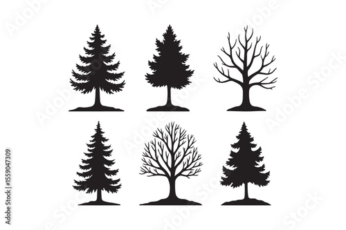 Collection of black silhouette evergreen and deciduous trees on a white background