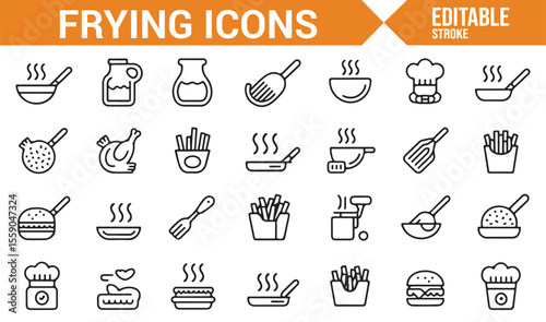 Minimalist Frying Icons Featuring Chefs, Food, and Cooking Tools