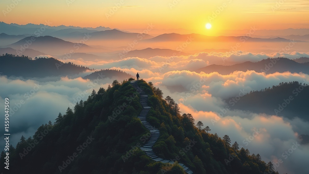 Obraz premium Serene Mountain Landscape at Sunrise with Clouds and Hiker View