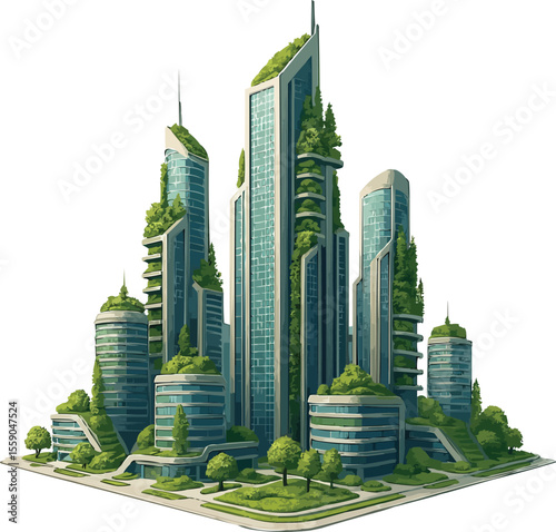 3D Eco-Friendly Futuristic City with Vertical Gardens and Green Rooftops on White Background