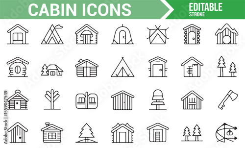 A collection of black and white cabin icons, showcasing different types of cabins, tents, cottages, and cabins in various natural settings, perfect for outdoor and travel-related designs.