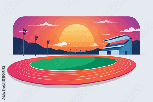 Sunset over running track and field stadium