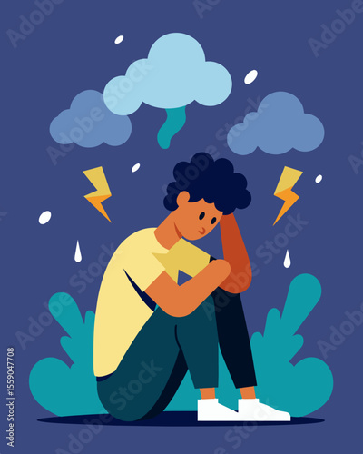 The storm of stressors rages on with no sign of abating as the person struggles to endure the onslaught and find some sense of calm.. Vector illustration