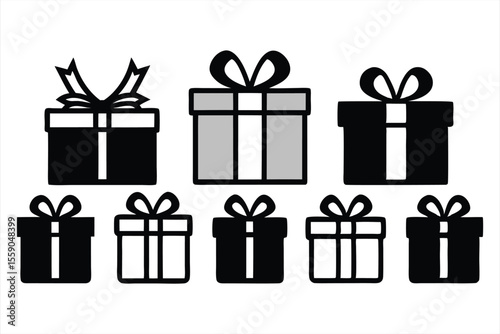 Black and white gift box icons with ribbon bow designs