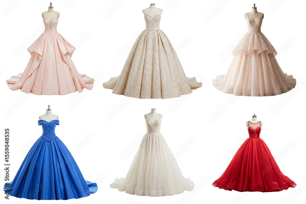 Obraz premium A selection of ball gowns in different colours, displayed on mannequins.