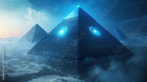Mystical Pyramids: Ancient pyramids emerge from swirling mist, illuminated by an otherworldly glow, evoking mystery, wonder, and a sense of the unknown.
