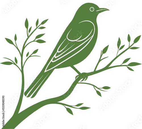 Green bird perched on a branch with leaves nature
