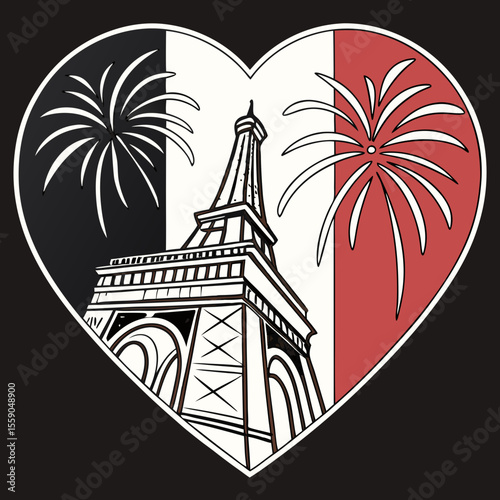 Heart-shaped French flag with fireworks silhouette – perfect for patriotic or festive designs 