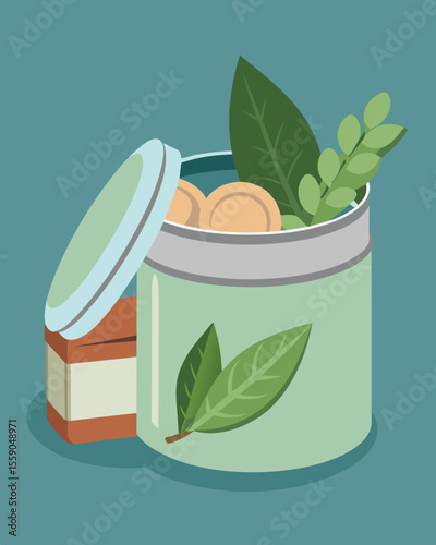 A metal tin containing natural cosmetics packaged with minimal plastic and recyclable paper inserts.. Vector illustration