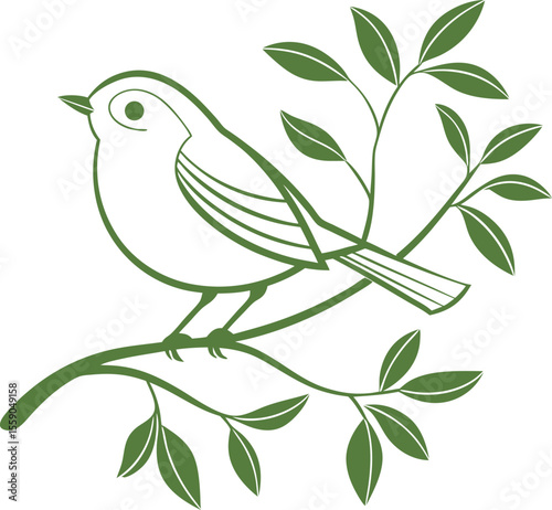 Green bird perched on a leafy branch leaves nature