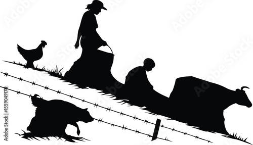 Silhouette of Farm Workers and Animals Rural Life Scene