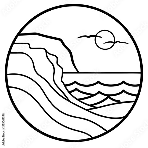 “Panoramic nature scene with ocean waves crashing against rugged mountain cliffs under golden sunset, no people.”