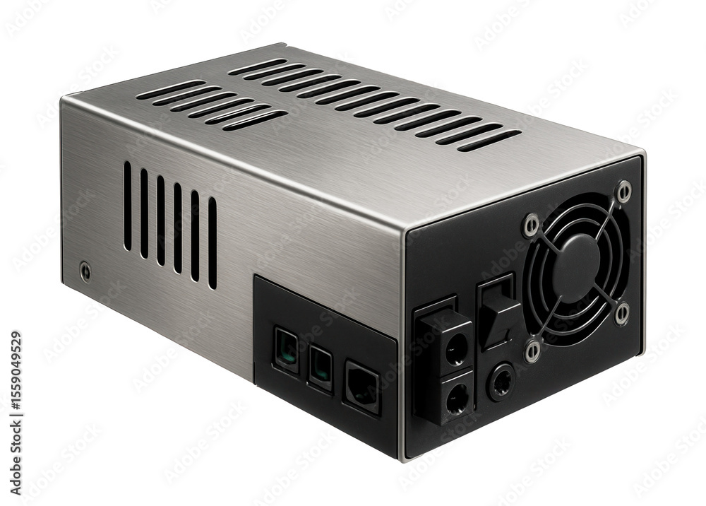 Fototapeta premium Switching power supply housed in a metal case for enhanced durability in a garage workspace.