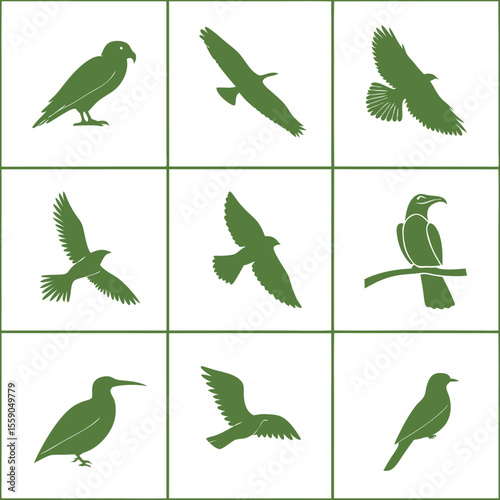 Green bird silhouettes in flight and perched on a branch birds