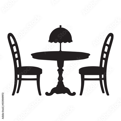Black silhouette of a dining table with two chairs on either side, featuring a cloche on the table.