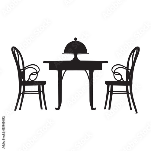 Black silhouette of a dining table with two chairs on either side, featuring a cloche on the table.