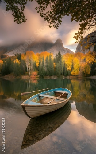Tranquil Autumn Lake with Reflections and Boat