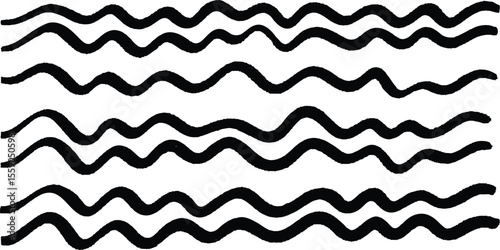 Horizontal wavy lines are arranged in a parallel pattern, wavy black and white seamless pattern with waves in a row on white background.