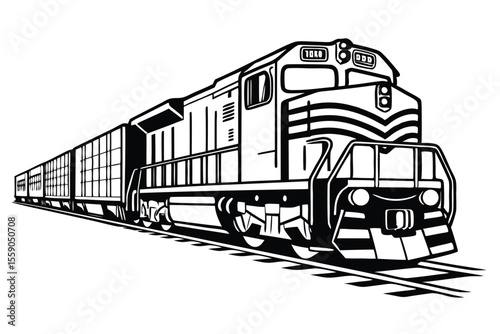Detailed Black and White Illustration of a Freight Train on the Tracks with Multiple Cargo Cars Transporting Goods