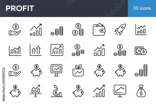 Collection of financial growth and profit icons isolated on white background