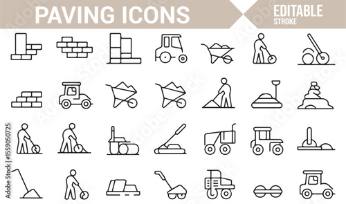 Various Paving Icons Featuring Machinery, Workers, and Materials