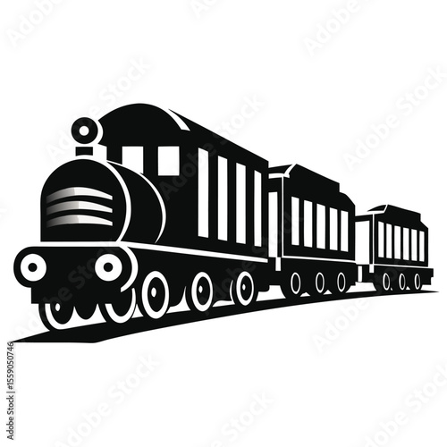 Monochromatic Illustration of a Vintage Steam Train and Two Train Cars Depicting Nostalgia and Simplicity of Early Transportation