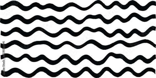 Horizontal wavy lines are arranged in a parallel pattern, wavy black and white seamless pattern with waves in a row on white background.