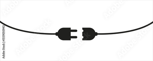 Disconnected Power Plug Vector – Black Silhouette of Electrical Cable and Socket on White Background