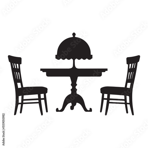 Black silhouette of a dining table with two chairs on either side, featuring a cloche on the table.