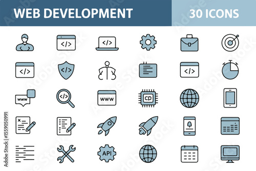 Collection of web development icons representing various aspects of the industry isolated on white background