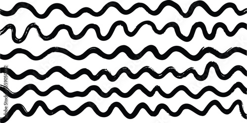 Horizontal wavy lines are arranged in a parallel pattern, wavy black and white seamless pattern with waves in a row on white background.
