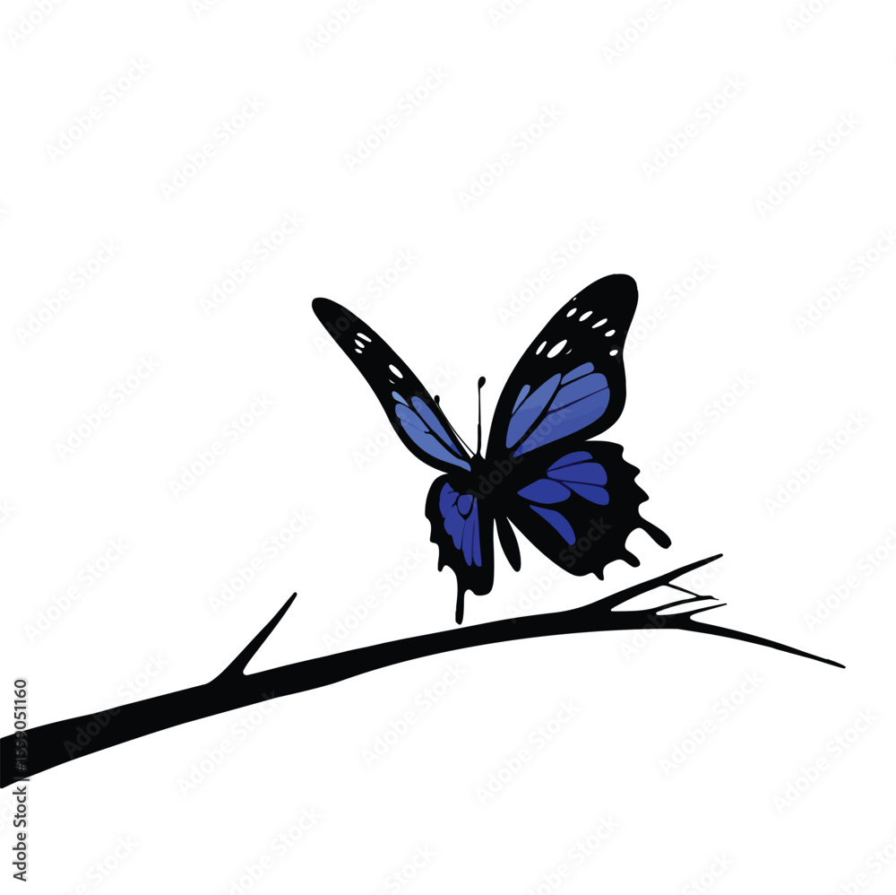 Fototapeta premium A Vibrant Blue Butterfly Perched on a Branch silhouette white background