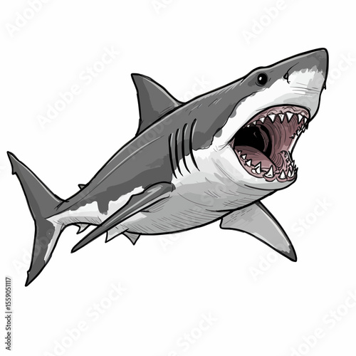 Great white shark illustration. Carcharodon carcharias marine predator with open mouth. Powerful shark image for educational purposes, awareness campaigns, or marine wildlife posters.