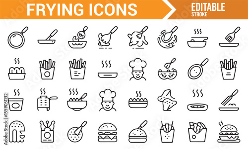 Minimalist Cooking Icons Featuring Frying Tools and Food