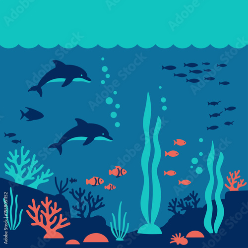 Ocean wildlife scene with dolphins and coral reef.  Underwater world illustration featuring playful dolphins swimming among colorful coral and seaweed.