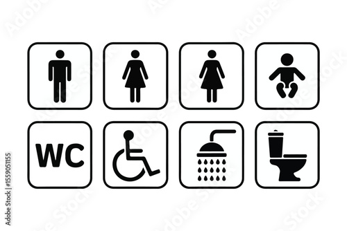 Collection of restroom and facility icons for men women babies disabled and showers isolated on white background