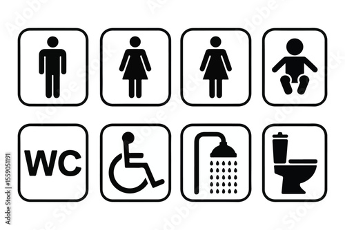 Collection of restroom and facility icons including men women baby disabled shower and toilet isolated on white background