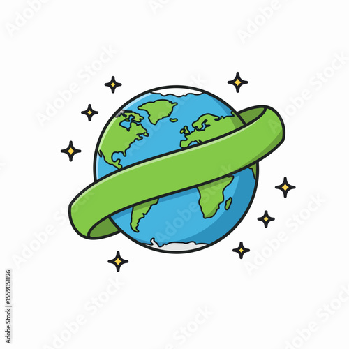 Protect our planet earth. Save earth campaign with green ribbon around globe. Earth day concept image for environmental awareness promotion.