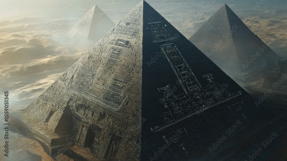 Obraz premium Pyramids of Contrasts: A striking view of ancient pyramids split down the middle, showcasing the interplay of light and shadow. The detail reveals the grandeur of these structures.